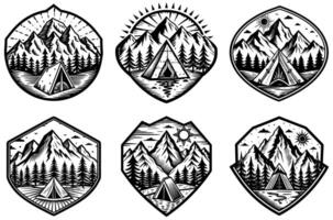 Set of templates with mountains, forest and tent on white background. vector