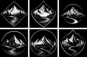 Set of templates with mountains, forest on black background. vector