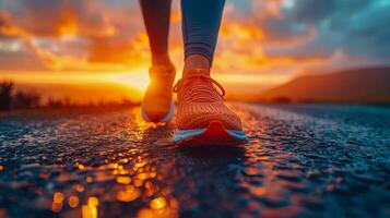 Close-up of running shoes on a track at sunset. Vibrant colors highlight the textured surface, with a blurred background. Concept of fitness and determination photo