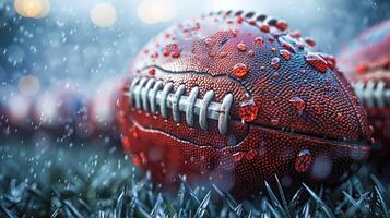 Wet football on the grass in a rain-soaked stadium, emphasizing texture and weather conditions photo