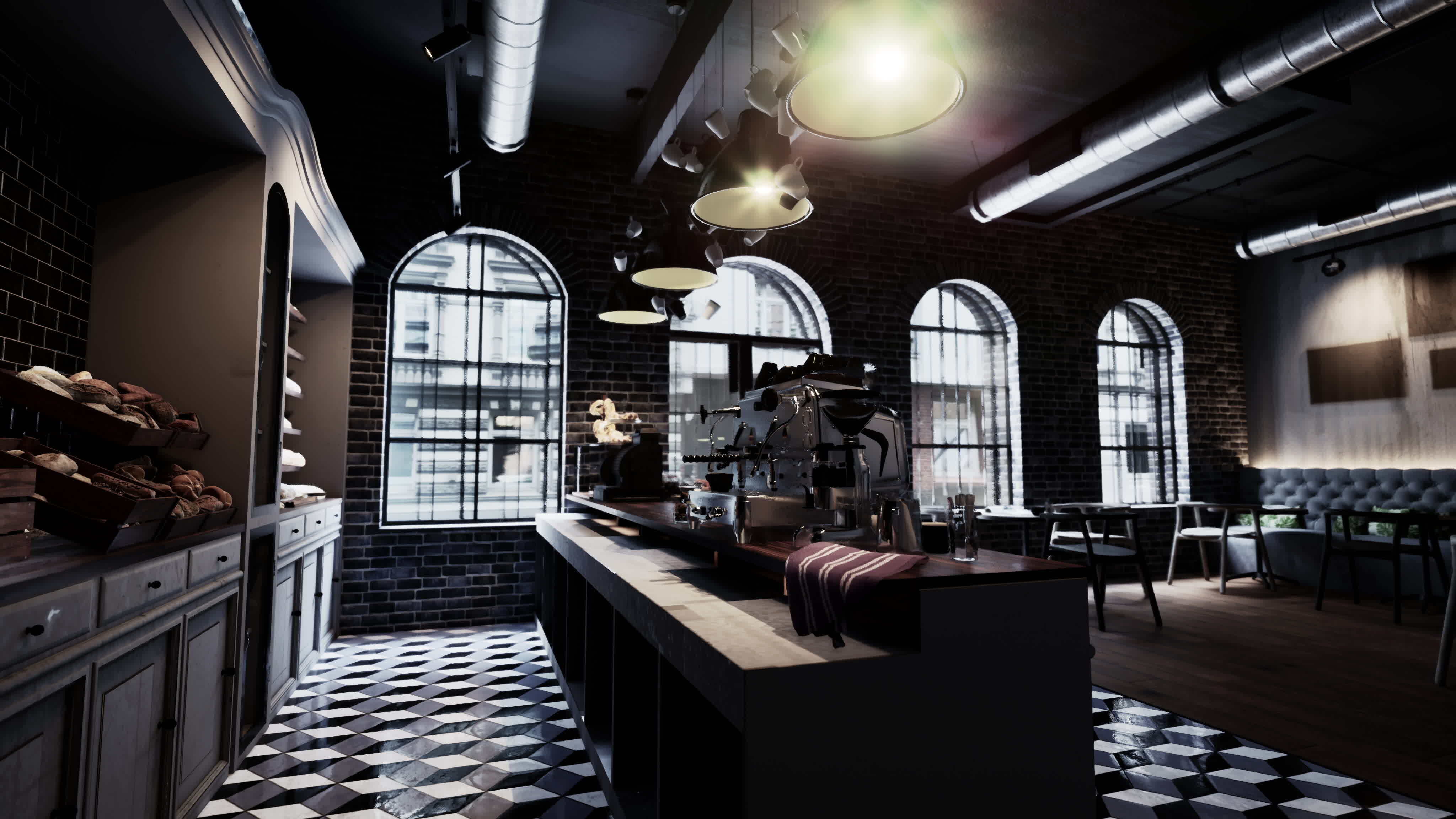 Contemporary Cafe With Checkered Floor and Black and White Walls