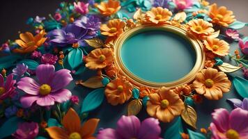 A luxurious circle is in the middle of beautiful, colorful 3d flowers. Romantic wedding invitation background with copy space. Flower frame decorations. AI-Generated photo