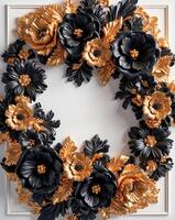 3D luxurious intricated floral frame in black and gold on a white background. Romantic wedding greeting card background. Flower Baroque decorations. AI-Generated photo