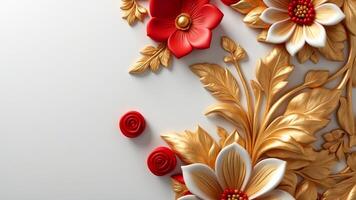 3D luxurious floral frame with copy space on a white background. Romantic wedding greeting card background. Flower Baroque decorations. AI-Generated photo