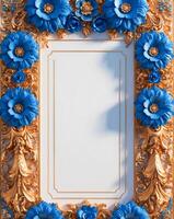 3D luxurious blue and gold floral frame with copy space on a white background. Romantic wedding invitation background. Flower Baroque decorations. AI-Generated photo
