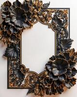 3D luxurious black and gold floral frame with copy space on a white background. Romantic wedding invitation background. Flower Baroque decorations. AI-Generated photo