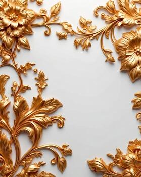3D golden floral frame with copy space on a white background. Romantic wedding greeting card background. Flower Baroque decorations. AI-Generated photo