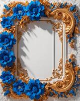 3D luxurious blue and gold floral frame with copy space on a white background. Romantic wedding invitation background. Flower Baroque decorations. AI-Generated photo