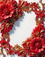 3D luxurious intricated floral frame in red and gold on a white background. Romantic wedding greeting card background. Flower Baroque decorations. AI-Generated photo