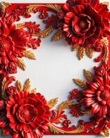 3D luxurious red and gold floral frame with copy space on a white background. Romantic wedding invitation background. Flower Baroque decorations. AI-Generated photo