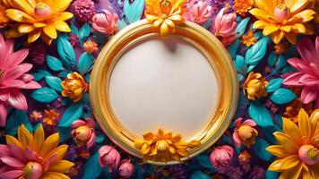 A luxurious circle is in the middle of beautiful, colorful 3d flowers. Romantic wedding invitation background with copy space. Flower frame decorations. AI-Generated photo