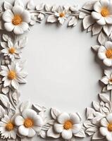 3D white floral frame with copy space. Romantic wedding greeting card background. Flower Baroque decorations. AI-Generated photo