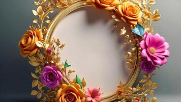 A luxurious circle is in the middle of beautiful, colorful 3d flowers. Romantic wedding invitation background with copy space. Flower frame decorations. AI-Generated photo