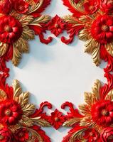 3D luxurious red and gold floral frame with copy space on a white background. Romantic wedding invitation background. Flower Baroque decorations. AI-Generated photo