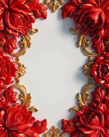 3D luxurious red and gold floral frame with copy space on a white background. Romantic wedding invitation background. Flower Baroque decorations. AI-Generated photo