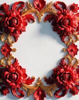 3D luxurious red and gold floral frame with copy space on a white background. Romantic wedding invitation background. Flower Baroque decorations. AI-Generated photo