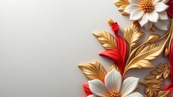 3D luxurious floral frame with copy space on a white background. Romantic wedding greeting card background. Flower Baroque decorations. AI-Generated photo