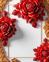3D luxurious red and gold floral frame with copy space on a white background. Romantic wedding invitation background. Flower Baroque decorations. AI-Generated photo