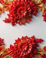 3D luxurious intricated floral frame in red and gold on a white background. Romantic wedding greeting card background. Flower Baroque decorations. AI-Generated photo