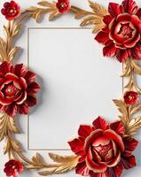 3D luxurious red and gold floral frame with copy space on a white background. Romantic wedding invitation background. Flower Baroque decorations. AI-Generated photo