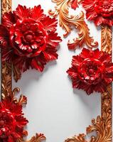 3D luxurious red and gold floral frame with copy space on a white background. Romantic wedding invitation background. Flower Baroque decorations. AI-Generated photo