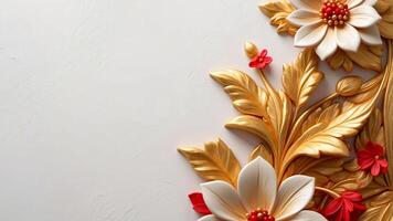 3D luxurious floral frame with copy space on a white background. Romantic wedding greeting card background. Flower Baroque decorations. AI-Generated photo