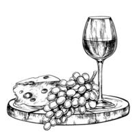 Wine glass with cheese and grapes. A graphic illustration drawn by hand. Isolate on a white background. An element of packaging and label design. For banners and posters. For restaurant and bar vector