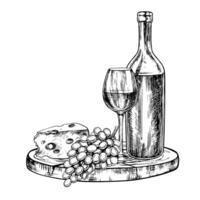 A bottle and a glass of wine with cheese and grapes. A graphic illustration drawn by hand. Isolate on a white background. For packages, labels. For banners and posters. For restaurants and bars vector