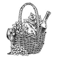 A wicker picnic basket, a bottle of wine, cheese and grapes. A graphic illustration drawn by hand. A holiday in nature. Isolate on a white background. For packages and labels., banners, posters vector