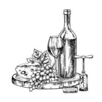 A bottle and a glass of wine with cheese and grapes. A graphic illustration drawn by hand. Isolate on a white background. For packages, labels. For banners and posters. For restaurants and bars vector