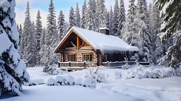 Snow covered rustic log cabin in forest setting photo