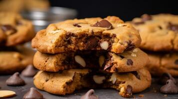 Stack of chocolate chip cookies with bite photo