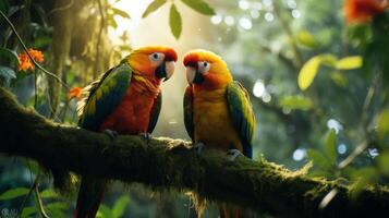 Parrots playing lush jungle backdrop photo