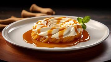 Plate with elegant caramel sauce swirl photo