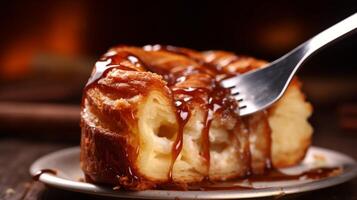 Close up of fork breaking into cinnamon roll with gooey texture photo