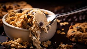 Close up of spoon with chunky cookie dough in smooth creamy texture photo