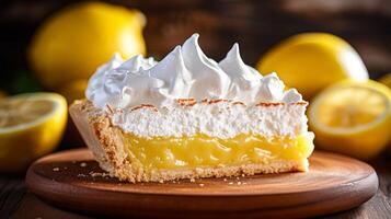 Close up of lemon meringue pie slice with creamy lemon filling photo