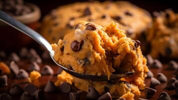 Close up of spoon scooping cookie dough chunk with creamy texture photo