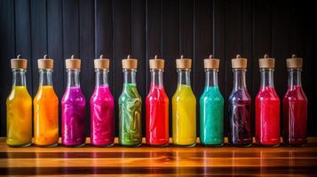 Array of condiment bottles in vibrant colors photo