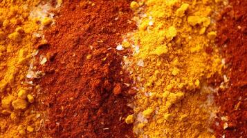 Mix of colorful ground spices in close up view photo