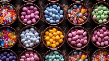 Candy coated almonds arranged in decorative bowls in detailed view photo