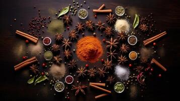 Spices forming a constellation in overhead view photo