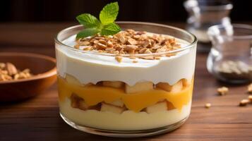 Layers of creamy custard in transparent dessert dish photo