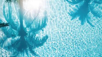 Swimming pool top view background with palm shadow. Water and sun ray banner with copy space photo