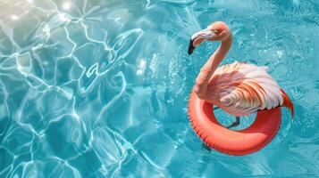 Pink Flamingo standing in round Rubber ball in swimming Pool. Top view of funny bird for summer party and holiday banners with Copy space photo