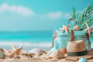White sand with tron leaves, hat and starfish with rectangular step for text. Summer banner with copy space for advertising and discounts. photo