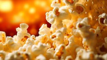 Macro shot capturing popping popcorns texture and motion photo