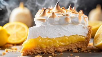 Close up of slice of lemon meringue pie with fluffy meringue topping photo