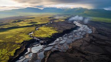 Aerial drone view volcanic eruption site photo