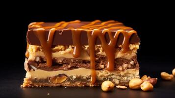 Layered caramel and nut bar cross section showing rich layers photo
